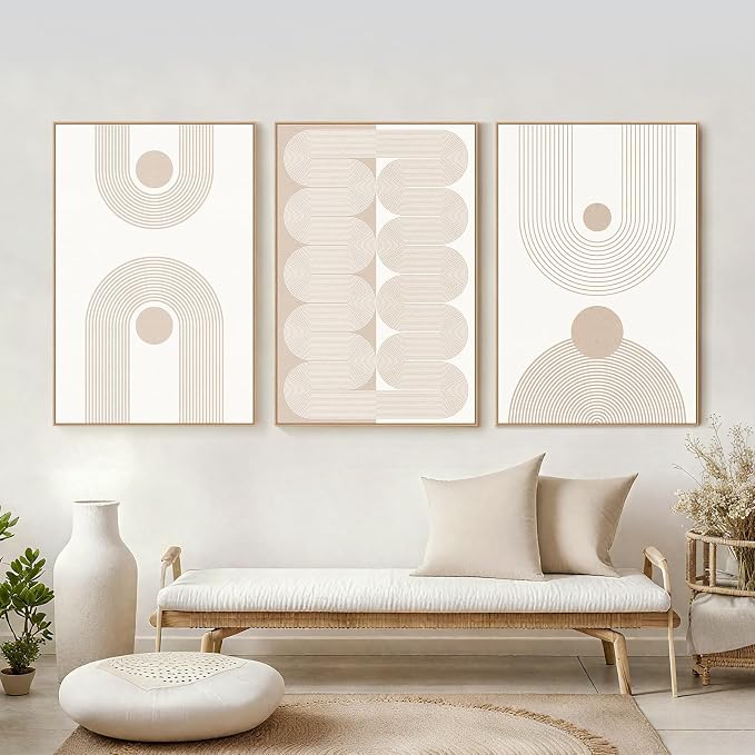 SAFERRYHOME Boho Neutral Abstract Beige Modern Wall Art Set of 3,16"x24" | Mid Century Neutral Framed Canvas Print Modern Wall Decor,Geometric Line Artwork for Living Room Bedroom Office,Ready to Hang