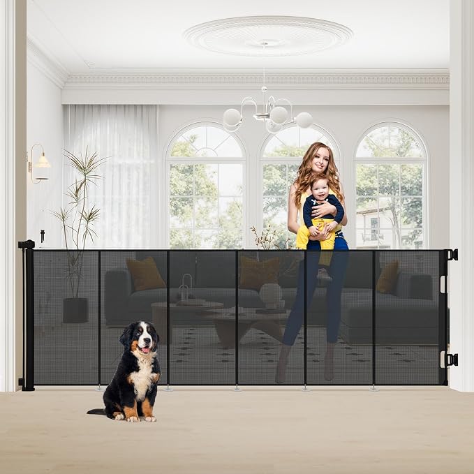 SMONTER Extra Wide Retractable Dog Gates, Mesh Baby Gate with Support Rods Extend to 118" Wide 44" Tall, Portable Safety Retractable Gate for Stairs, Indoor/Outdoor, Black