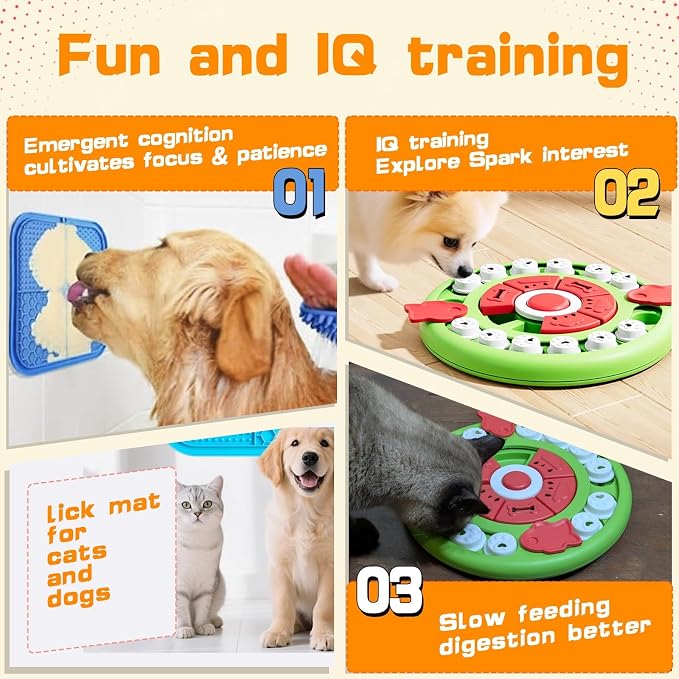 4 in1 Dog Puzzle Toy Set - Slow Feeder & Lick Mat for Puppy IQ Training & Mental Stimulate Treat Dispensing Ball | Pet Enrichment Interactive Toy (4 in 1 Blue+Green)