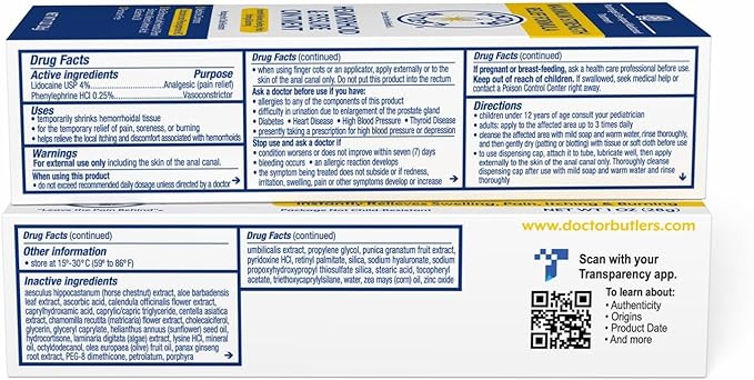 Doctor Butler’s Hemorrhoid & Fissure Ointment – Hemorrhoid Treatment and Hemorrhoid Cream with Lidocaine and Phenylephrine HCI for Fast Acting Relief of Pain, Swelling, Discomfort, and Itching (1 oz.)