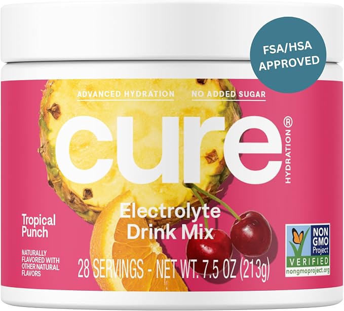Cure Hydration | Plant-Based Electrolyte Drink Mix | No Added Sugar | Dehydration Relief Powder Made with Coconut Water | Non-GMO | Vegan | 28 Servings Jar - Tropical Punch