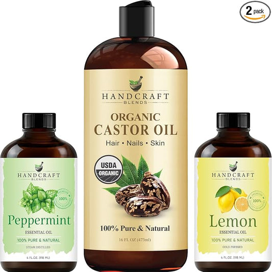 Handcraft Blends Castor Oil for Hair with Peppermint Essential Oil and Lemon Essential Oil Set – 100% Pure and Natural Oils – Carrier Oil for Essential Oils Mixing, Aromatherapy Oils & Massage
