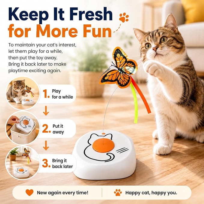 Interactive Cat Toy for Indoor Cats, Automatic Rotating Butterfly Feather Wand, Self Play Electric Cat Toy for Exercise & Mental Stimulation, Quiet Energy-Saving, AA Battery Operated
