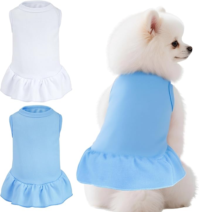2 Pcs Dog Dresses Cat Skirt Solid Color Dog Clothes Summer Sleeveless Puppy Girl Clothes for Small Pet Dogs Cats (White,Blue, X-Small)