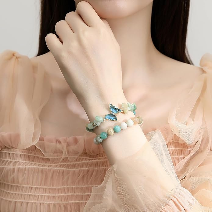 DUQGUHO 2Pcs Butterfly Bracelets for Women Healing Crystals Bracelets for Women Natural Gemstone Bead Bracelet Cute Butterfly Charm Bracelet Stretch 8mm Crystal Jewelry Gifts for Women