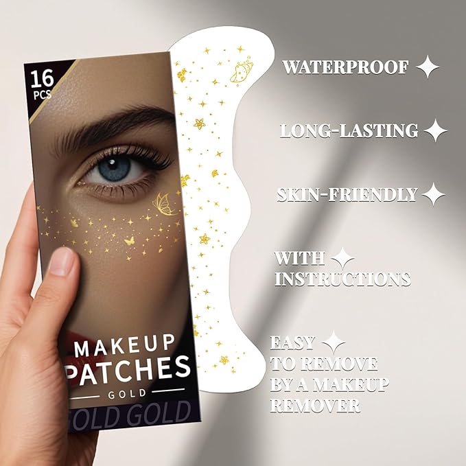 Cerlaza Glitter Freckles Face Tattoo, 16 Pcs Gold Speckles Makeup Patches, Waterproof Body Face Glitter for Women Girls, Country Concerts Singer Festival Rave Accessories