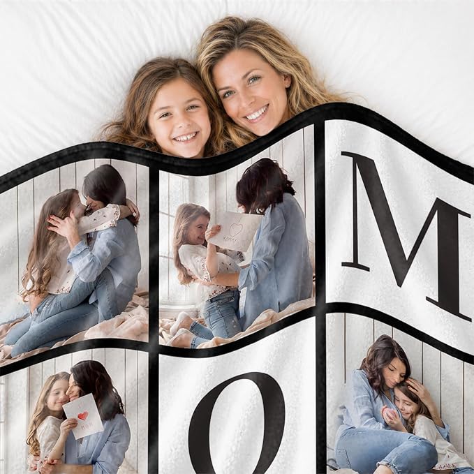 Custom Mom Blanket with 6 Photo & Text, Personalized Birthday Blanket with Picture for Mother, HD Printing Customized Flannel Throw Blanket Gifts for Best Mom Ever