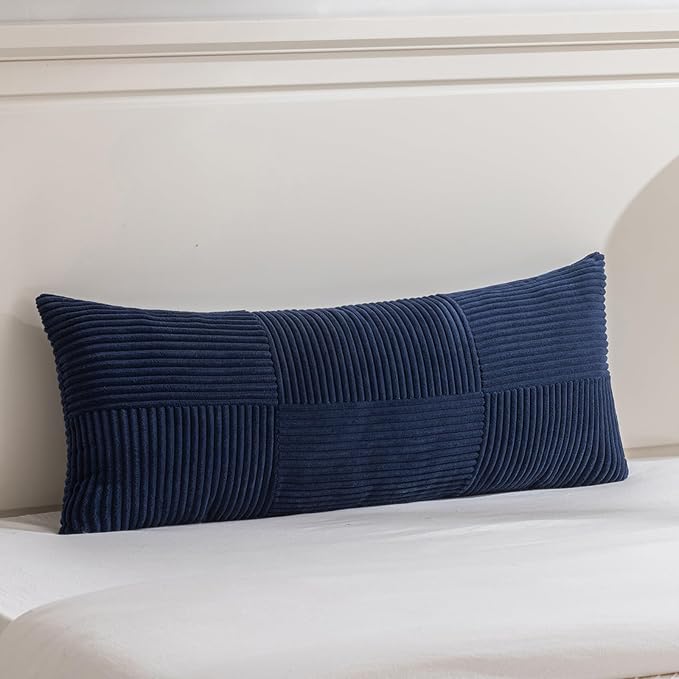 Fancy Homi Set of 1 Navy Blue Boho Long Lumbar Body Decorative Throw Pillow Cover 14x36 Inch for Bed Couch Bedroom Bench, Soft Patchwork Corduroy Textured Pillow Case, Rustic Farmhouse Room Decor