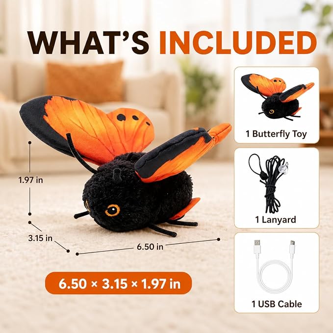 Smart Sensing Flapping Butterfly Toy - Cat Interactive Toys (Orange)