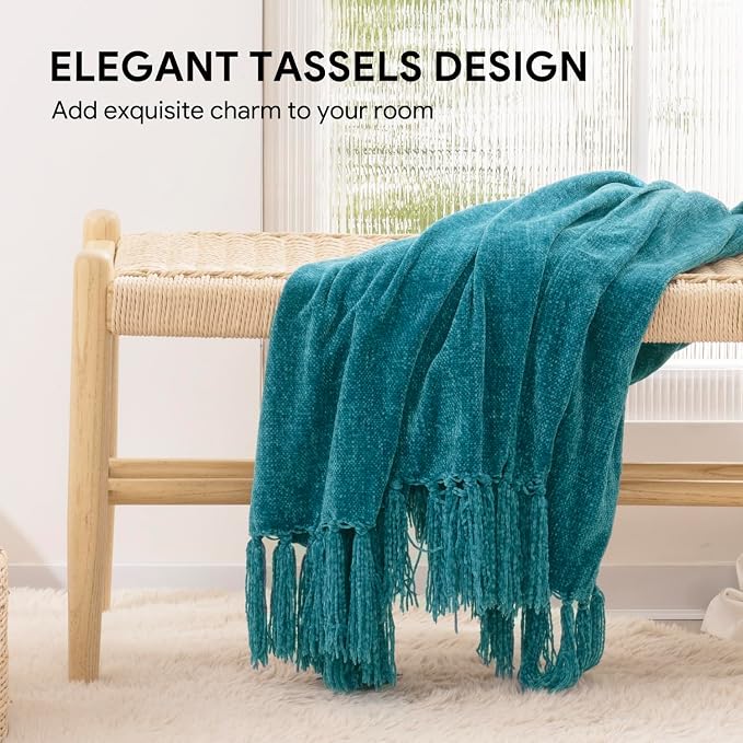 RECYCO Chenille Throw Blanket for Couch, 50"x60", Teal | Super Soft Knit Throw Blanket with Fringe Tassels, Lightweight Knitted Throw, Cozy, Ideal for Sofa Chair Bed Living Room Gift