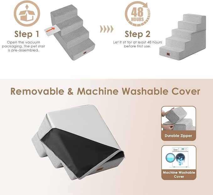 EHEYCIGA Dog Stairs for High Bed 22.5" H, 5-Step Extra Wide Dog Steps for Bed, Pet Steps for Small Dogs and Cats, Non-Slip Balanced Pet Ramp Indoor, Light Grey