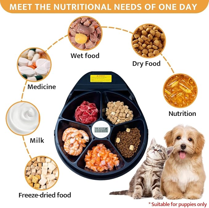Cat Wet Food Automatic Feeder with Cooling, Semiconductor Refrigeration, with Timer, 5 Food Compartments for 330g Pet Food Each, Premium Meal Plates, Washable, for Cats (UBPET)