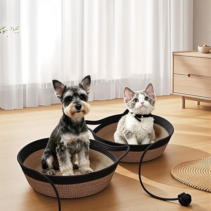 Cat Bed, Cotton Rope Instinct Basket for Cats, Handwoven Cat Beds | Stimuli Handwoven Basket for Cat, Pet Sleeping Bed with Rope Ball, Puppies, Rabbits and Small Pets (Medium, Black & Brown)