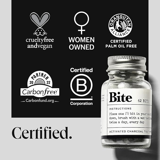 Bite Whitening Toothpaste Tablets – 2 Months – Fluoride Free, Nano Hydroxyapatite + Xylitol, Mint Charcoal– Vegan, Cruelty-Free, Made in USA, Sensitive Teeth, Travel Size, (2 Bottles, 124 Tabs)