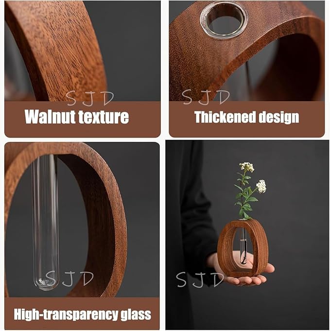 Walnut Wood Glass Flower Vase with Test Tubes, Large+Small | Modern Hydroponic Planter, Fresh Cut Flowers, Handcrafted Tabletop Decor, Home, Office, Farmhouse Style