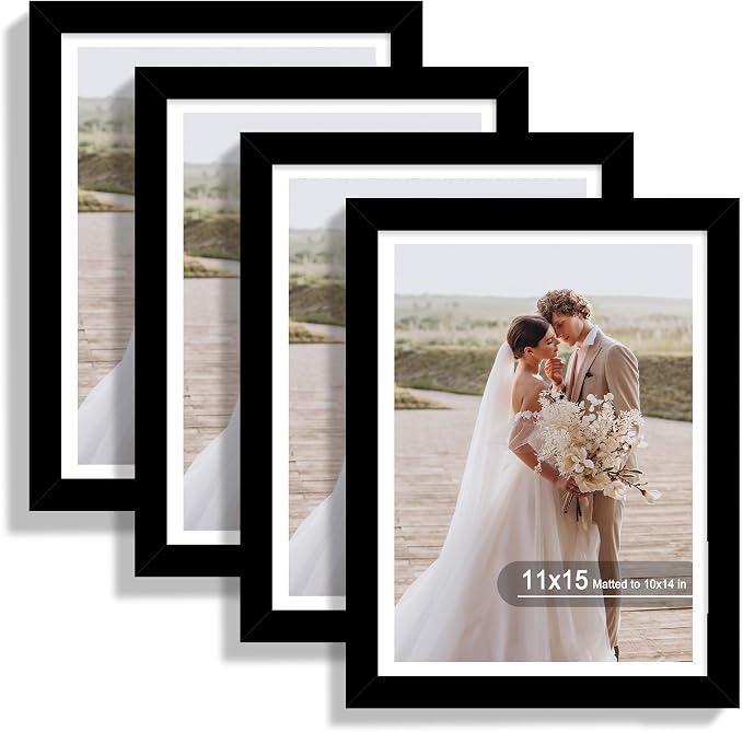 Hongkee 11x15 Picture Frame Set of 4, Made of Real Glass and Black Frame - Display Picture 10x14 with Mat or 11x15 Without Mat, 11 by 15 Photo for Wall Mounting