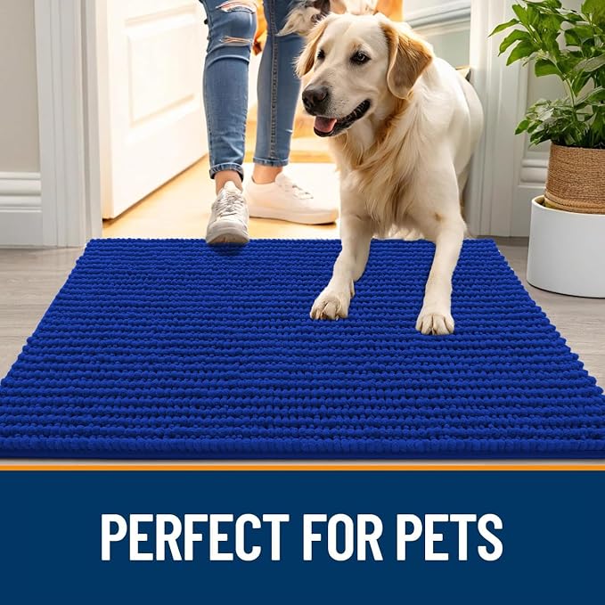 OLANLY Dog Door Mat for Muddy Paws 30x20, Extra Absorbent Chenille Mud Mat | Royal Blue, Absorbs Moisture and Dirt, Non-Slip Machine Washable Doormat, Quick-Drying Indoor Entryway Floor Mat for Dogs