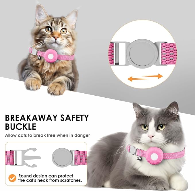 Smart Cat GPS Tracker, Cat GPS Tracker Compatible with Apple Find My App (Only iOS), No Monthly Fee, Waterproof (White Tracker, Pink Cat Collar)