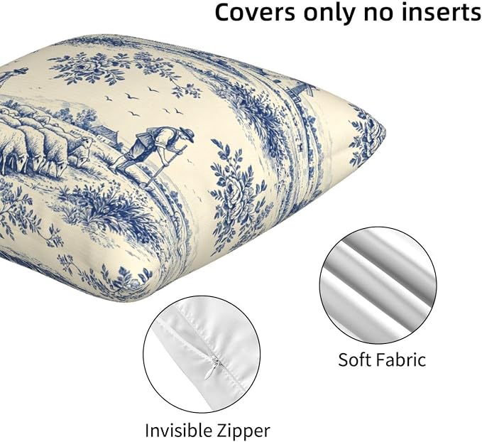 French Country Toile Pillow Covers 18x18 Set of 2, Blue & Cream Vintage Throw Pillow Covers Outdoor Decorative Pillow Case for Couch Bed Sofa Cushion Home Decor