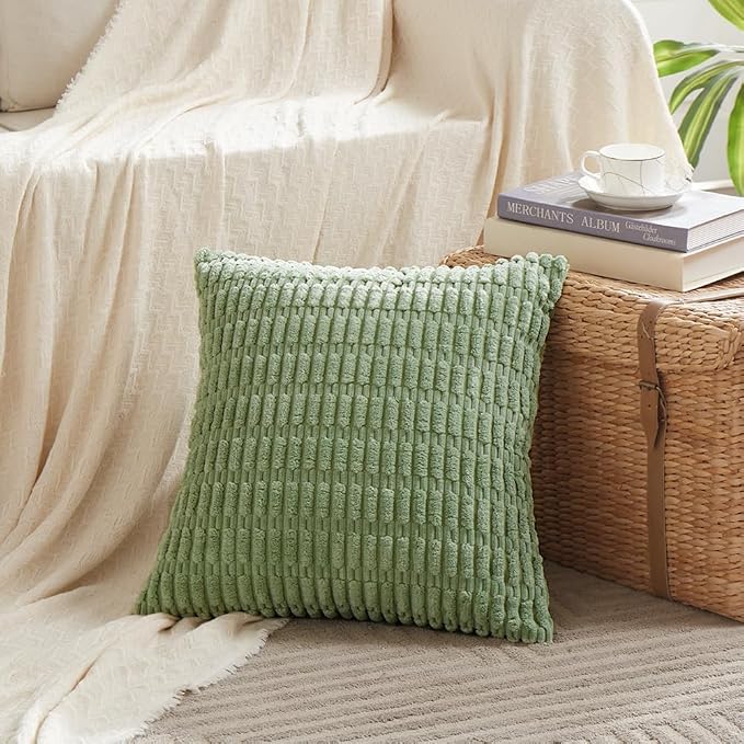 Fancy Homi Decorative Throw Pillow Covers for Bed Couch Bedroom Bench, Soft Corduroy Solid Pillow Case, Rustic Farmhouse Boho Room Decor,18" x 18" (Pack of 1),Sage Green