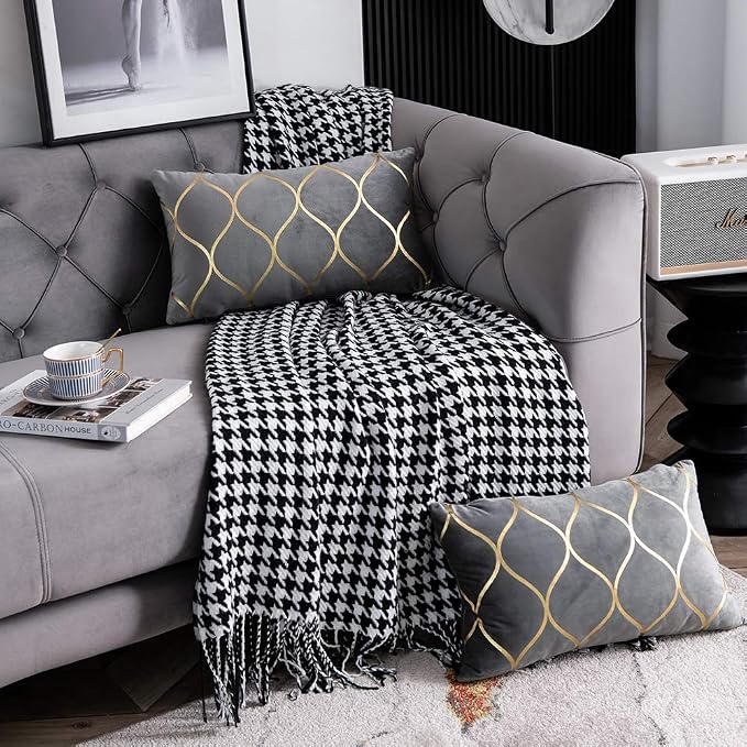 Gold Velvet Throw Pillow Covers: 2 Pack 12x20 Inch Rectangular Decorative Pillow Cases for Bedroom Sofa Couch Living Room, Light Grey