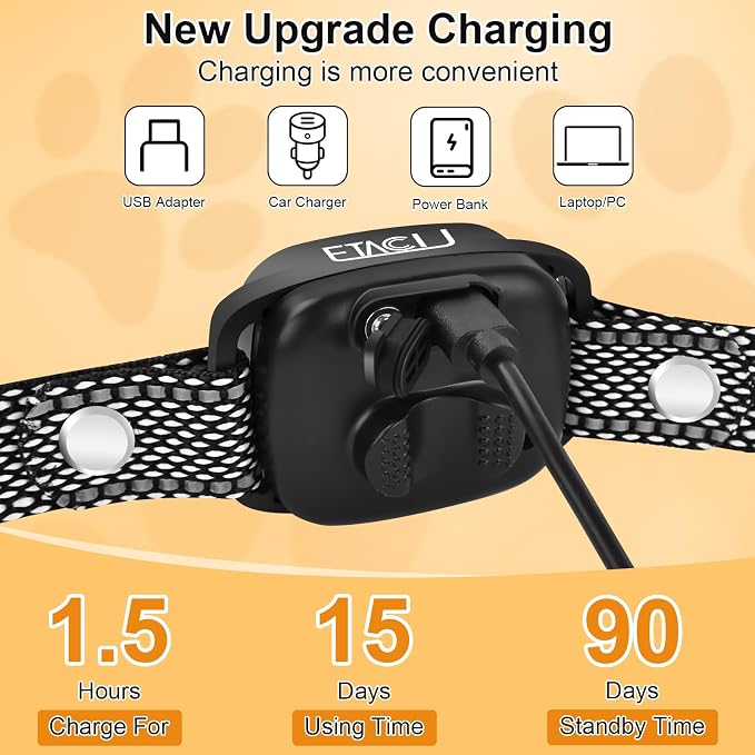 ETACCU Dog Bark Collar，Waterproof Rechargeable Digital Ultrasonic Bark