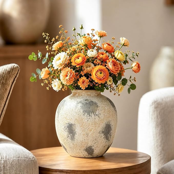 Cream Ceramic Flower Vase Speckled Bubble Glaze Home Decor | 6.29 Inch Rustic Table Vase,Decorative Ornament for Living Room,Office,Wedding,Birthday