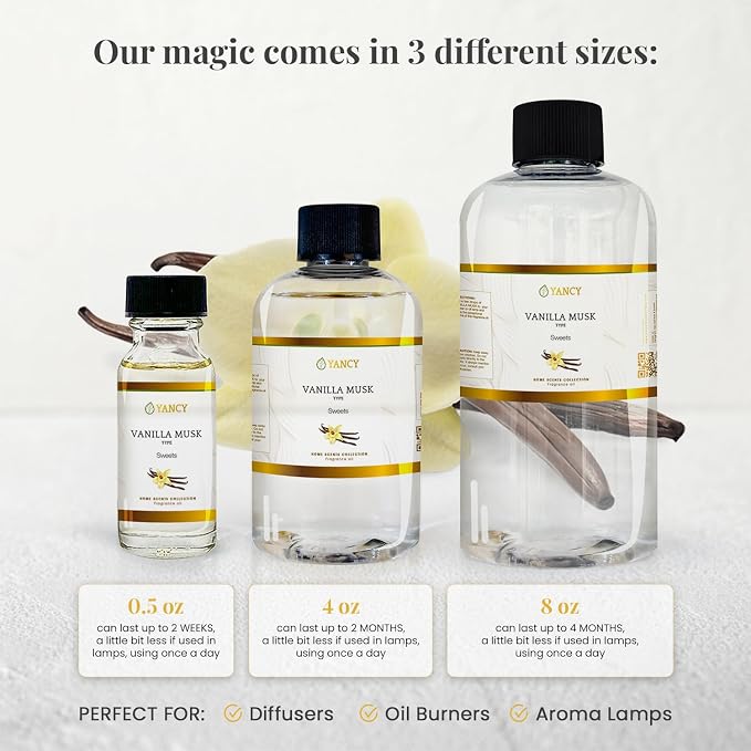 YANCY Vanilla Musk Home Collection Fragrance Oil (4 oz), Luxurious Vanilla and Musk Scent, Warm Fragrance for Diffusers, Oil Burners & Aroma Lamps, Cozy Scent for Relaxing Home Spaces