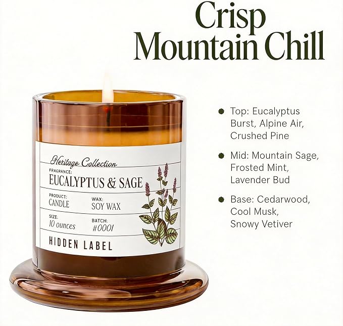 Hidden Label Eucalyptus & Sage Candle, 10oz Soy Bell Jar, 55H Aromatherapy | 60 Hours Burn | Mountain Fresh Essential Oils | Non Toxic Plant Wax | Clear Glass Dome Home Decor | Focus & Wellness Gift