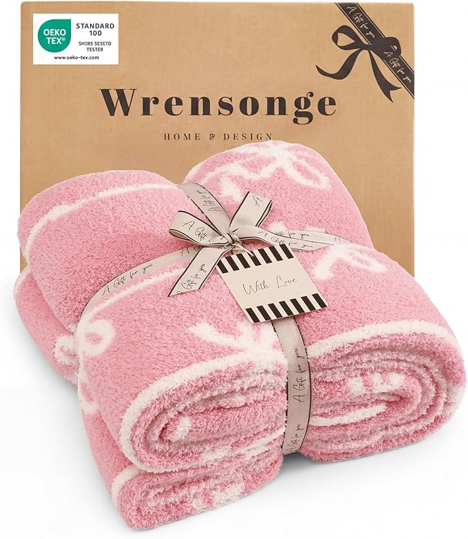 Soft Throw Blanket for Couch-Cozy Reversible Knitted Blankets | Lightweight Warm Fluffy Decor for Women, Mom, Her & Girls, Sofa, Chair, Bed, 50x60in, Pink Bow