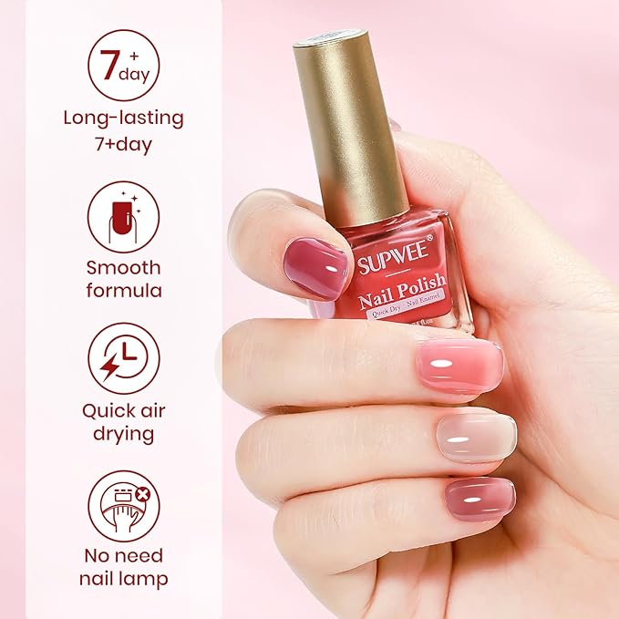 Jelly Nail Polish Set Non Gel, Quick Dry Sheer Nude Pink Regular Nail Polish Natural Neutral Fingernail Lacquer High Glossy Manicure DIY Salon Gift for Women Girl（Nude Pink Red Brown Colors）