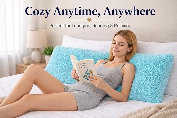 REAFORT Long Hair Faux Fur Body Pillow Cover 21"x54", Hidden Zipper (Aqua) | Ultra-soft long hair faux fur with a hidden zipper offers luxurious comfort and is machine washable for easy care.