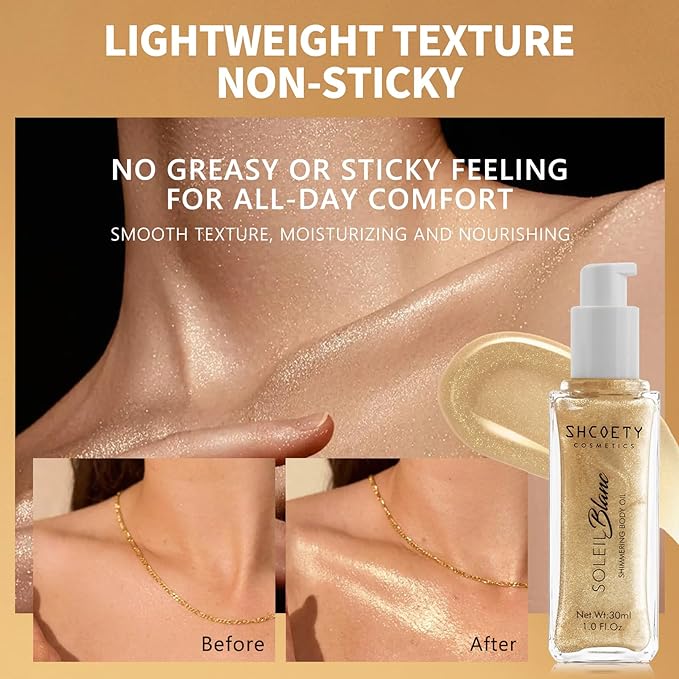 Shimmer Body Oil with Vitamin E, Body Glow Oil for Women, Long Lasting Waterproof & Moisturize for All Skin, Liquid Highlighter Makeup with Brush, Travel Size for Date, Wedding, Party, Light Gold