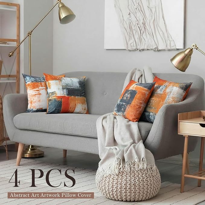 Decorative Throw Pillow Covers Burnt Orange Cushion Cover Taupe Abstract Art Painting 4 Pcs Pillowcase 18x18 Inch for Sofa Couch Bedroom Living Room Outdoor Home Décor | Taupe & Burnt‑Orange Modern‑Art Cushion Cases, Neutral Aesthetic Pillowcases for I...