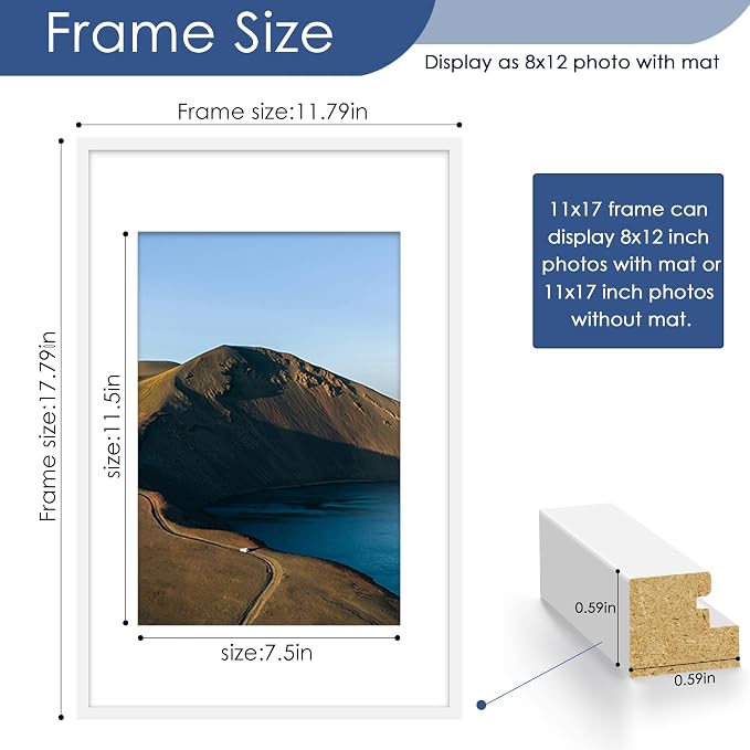 11x17 Picture Frame Set of 6, Wall Mount Display, White | Display Pictures 8x12 with Mat or 11x17 without Mat,Horizontal or Vertical,Gallery Wall Frame Set,Wedding Birthday Gifts