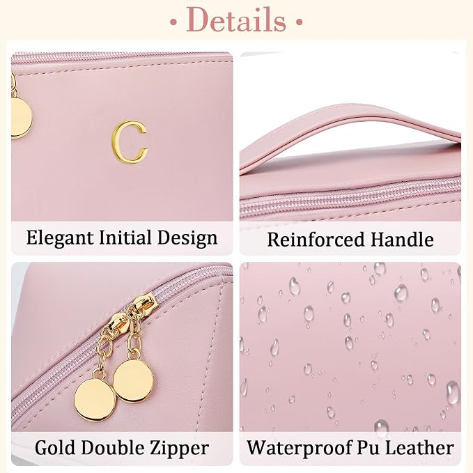 KKXIU Initial Makeup Bag for Women - Personalized Makeup Bag Gifts for Women, Travel Toiletry Bag with PU Leather, Open Flat Design with Top Handle, Cosmetic Bag Set with Multi-Pocket (Pink,C)