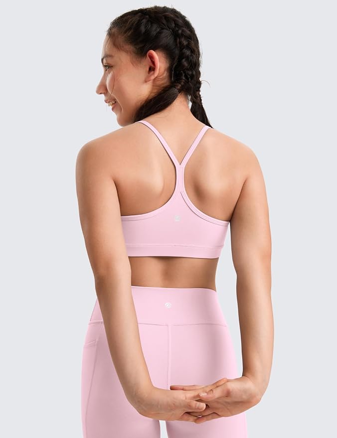CRZ YOGA Girls Butterluxe Y Back Sports Bra - Yoga Athletic Casual Tops Scoop Neck Spaghetti Strap Padded Crop Kids Teen