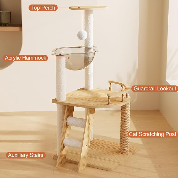 Cat Tree & Litter Box Enclosure,Modern All-in-one Indoor Cats Tower with Large Platform, Cat Condo with Wood House, Food Station, Hammocks (41.3”)