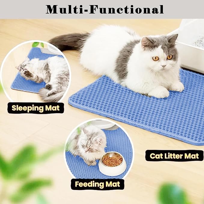 HCY&WLD Cat Litter Mat, Double Layer Cat Litter Box Mat (45x26 Inch, Blue) | Waterproof Urine-Proof Non-Slip Litter Trapping Mat, Soft on Kitty Paws, Scratch-Resistant, Scatter Control, Easy to Clean
