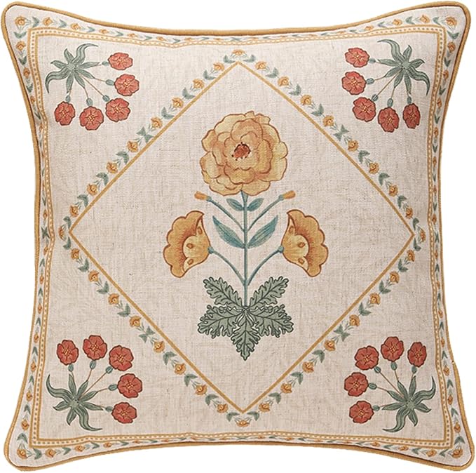 patdrea French Vintage Linen Throw Pillow Cover,18"x18"-RosaSilvestre B | Decorative Pillow Case with Zipper,Yellow Floral Pattern,Cushion Coverfor Couch Living Room Bedroom Sofa