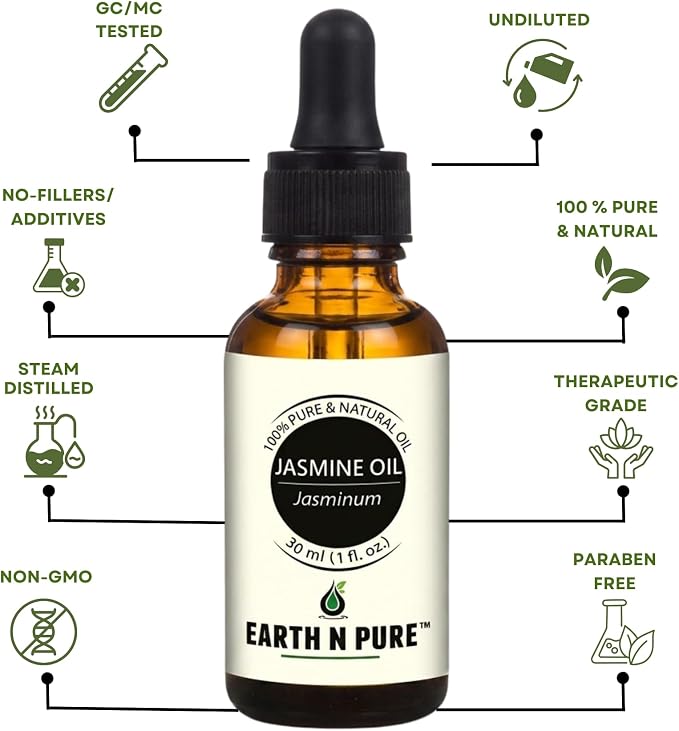 Earth N Pure Jasmine Essential Oil | 100% Pure, Natural & Undiluted | Steam Distilled | Relaxation, Radiant Skin & Nourished Hair | 30ml