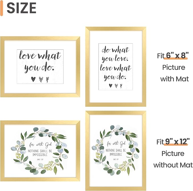 upsimples 9x12 Picture Frame, Gallery Wall Frames Set of 5, Gold | Photo Frame Collage Wall Decor, 6x8 Picture Frame with Mat for Family, Baby, Wedding, Hallway, Christmas