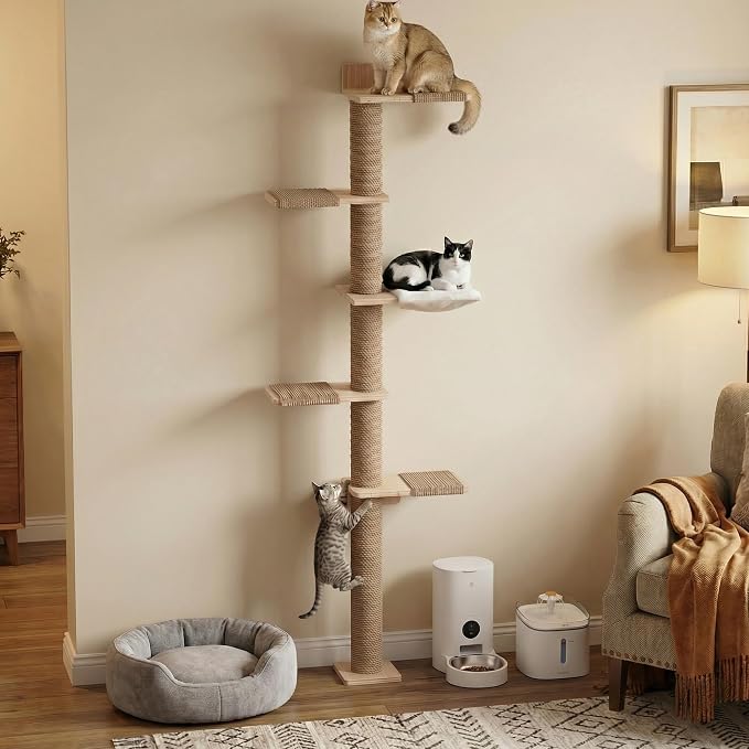 Tall Cat Tree, 5 Tier Floor Cats Tower, Wall-Mounted Kitten Sisal Scratching Post, with Cozy Hammock, Suitable for Climb, Scratch, Lookout and Play (Wall-Mounted)