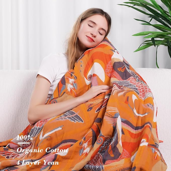 VANJOROY Boho Large Throw Blanket, 100% Organic Cotton Breathable Soft Bed Throw - Floral Bird Farmhouse Decor Blanket for Sofa Couch Chair Quilt and Gift. 60" x 80"- Colorful