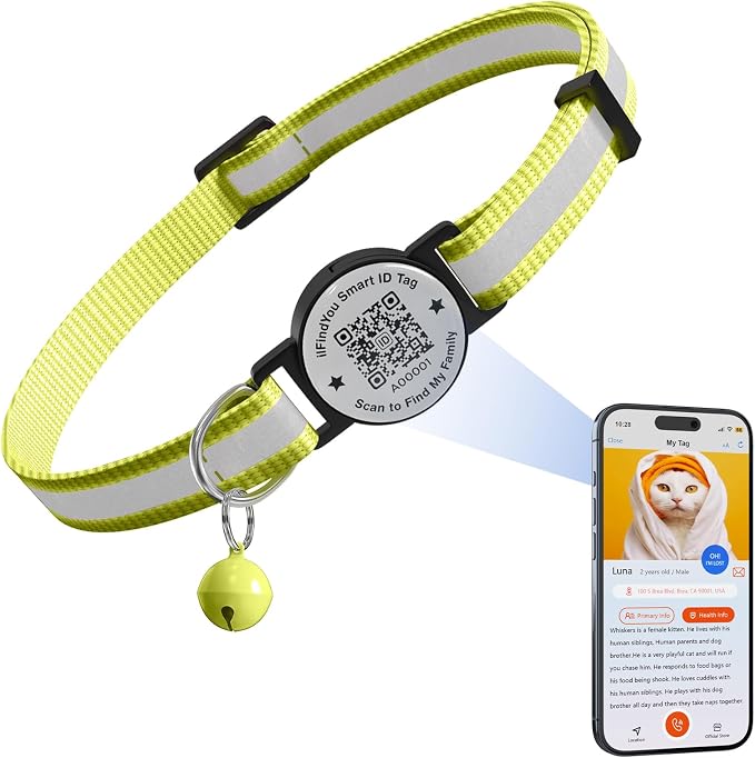 Breakaway Cat Collar QR Code, Reflective Bell, Adjustable Kitten, Yellow