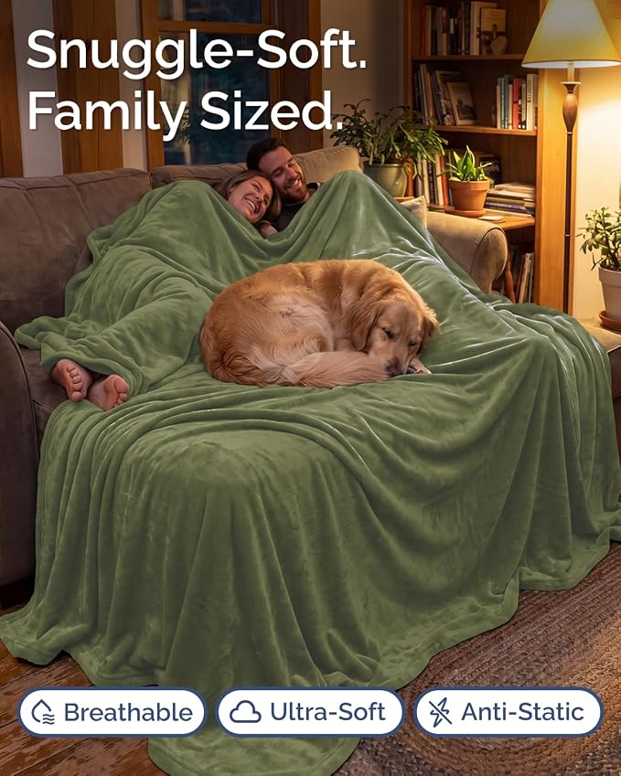 Ultra Soft Fleece Blanket Oversized King Size - Flannel Fleece Luxury Blanket - Lightweight for Couch Bed Chair - Thick, Warm and Breathable - All Season Cozy, Olive