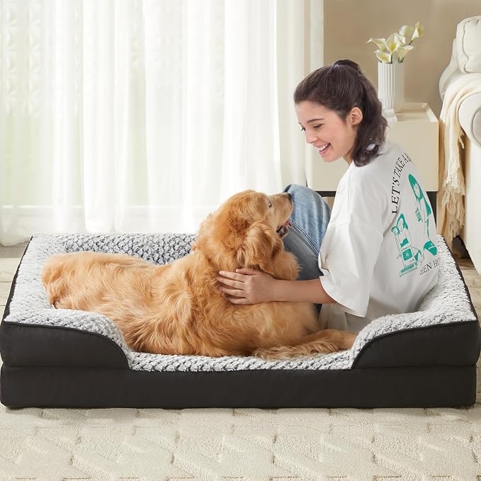 LEXTRO Orthopedic XXL Dog Bed, Washable Dog Beds for Extra Large Dogs | Comfy Sleeping Dog Bed with Egg Crate Foam, Dog Sofa with Removable Cover, Waterproof Lining&Non-Slip Bottom, Gray