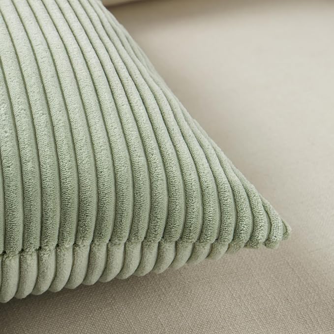 Fancy Homi 2 Packs Sage Green Lumbar Decorative Throw Pillow Covers 20x28 Inch for Living Room Couch Bed, Rustic Farmhouse Boho Home Decor, Soft Striped Corduroy Rectangle Accent Cushion Case 50x70 cm