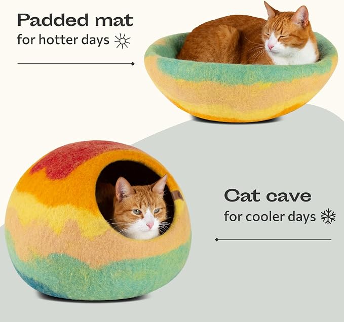 Cat Cave - Merino Wool Bed for Indoor Cats (Tucson Sunset, Large) | Cat Bed Enclosure, Premium Felt, Handmade, Super Soft, Lightweight, Breathable, Adjustable Shape