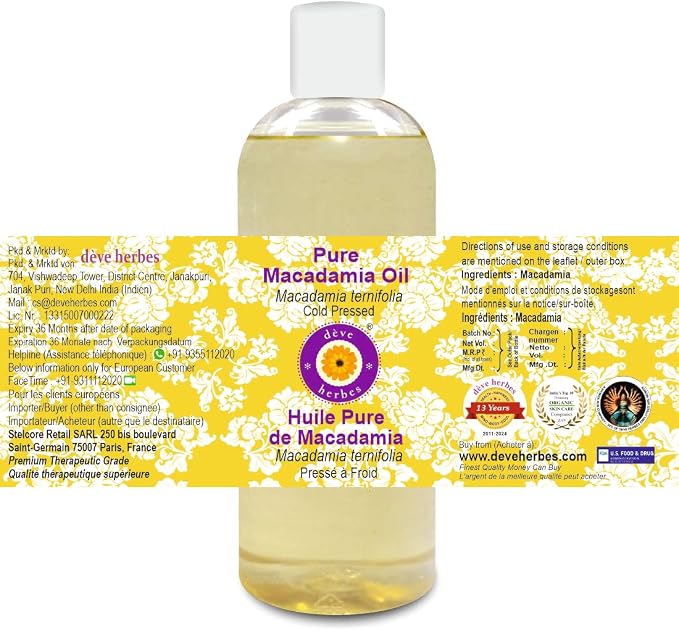 dève herbes Pure Macadamia Oil (Macadamia ternifolia) Cold Pressed 200ml (6.76 oz)